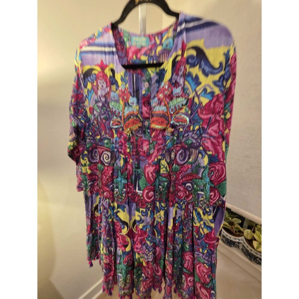 ANTICA SARTORIA NWT PURPLE PINK & YELLOW CHERUB PRINT SHORT DRESS OS Resort - Picture 7 of 16